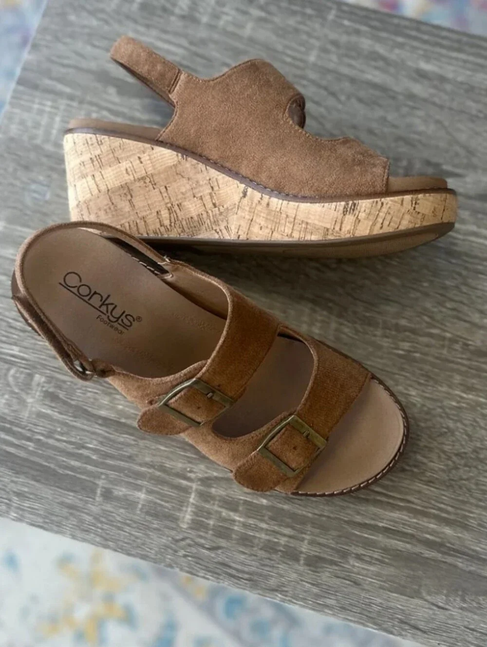 Corkys My 2 Cents Brown Tobacco Suede Cork Wedge Sandals with Buckles